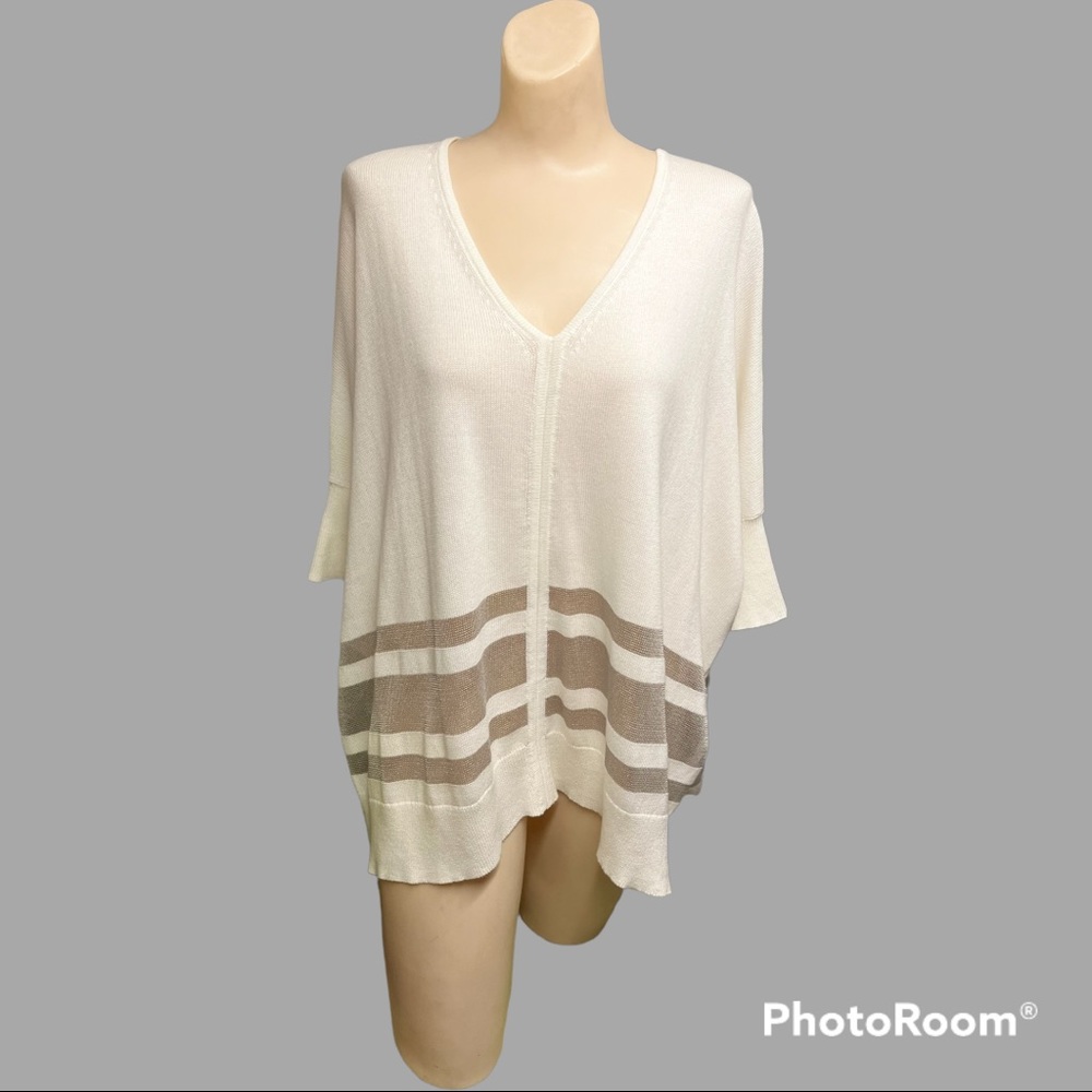 TRINA TURK | LAGEN LOOK DOLMAN SLEEVE SWEATER METALLIC SHEER MESH STRIPES